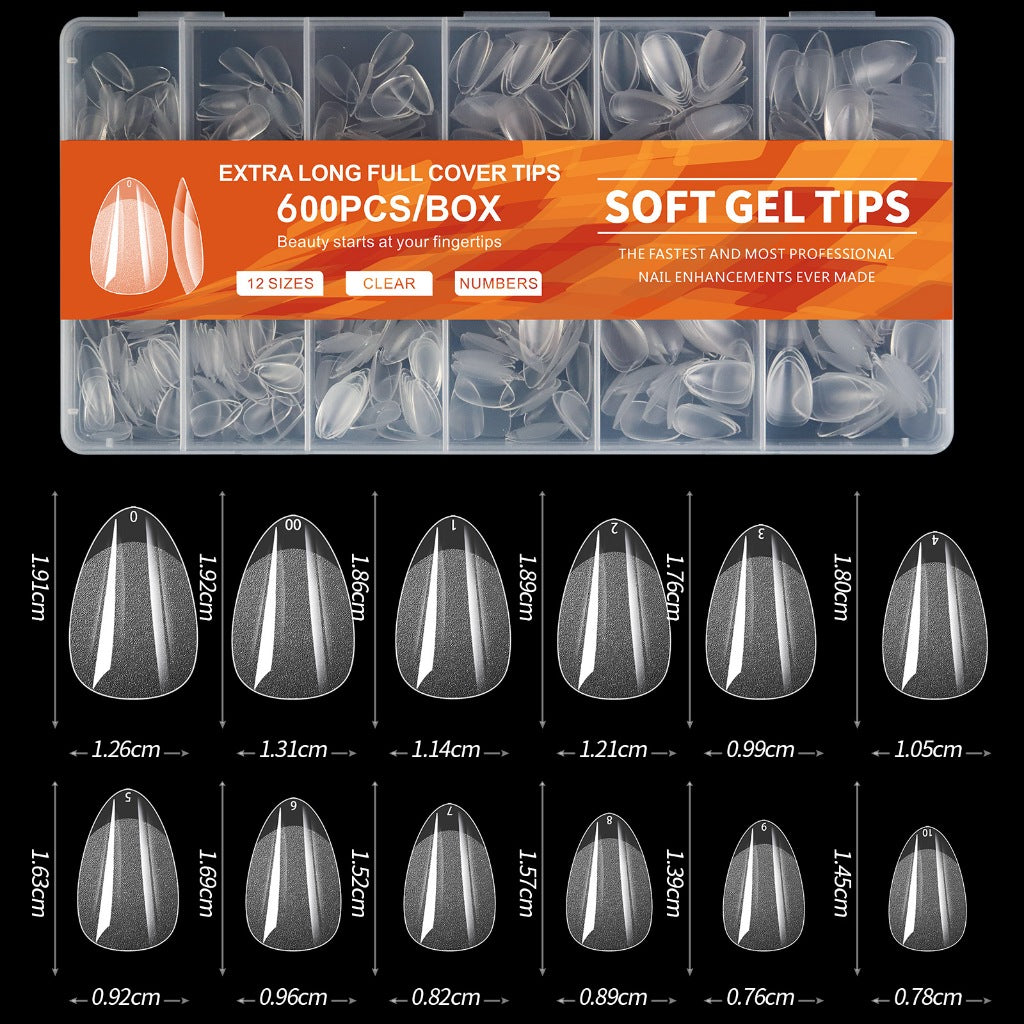 Soft Gel Tips - Short almond shape Gel-X Nail extension 600pcs | (clear and semi buffed)