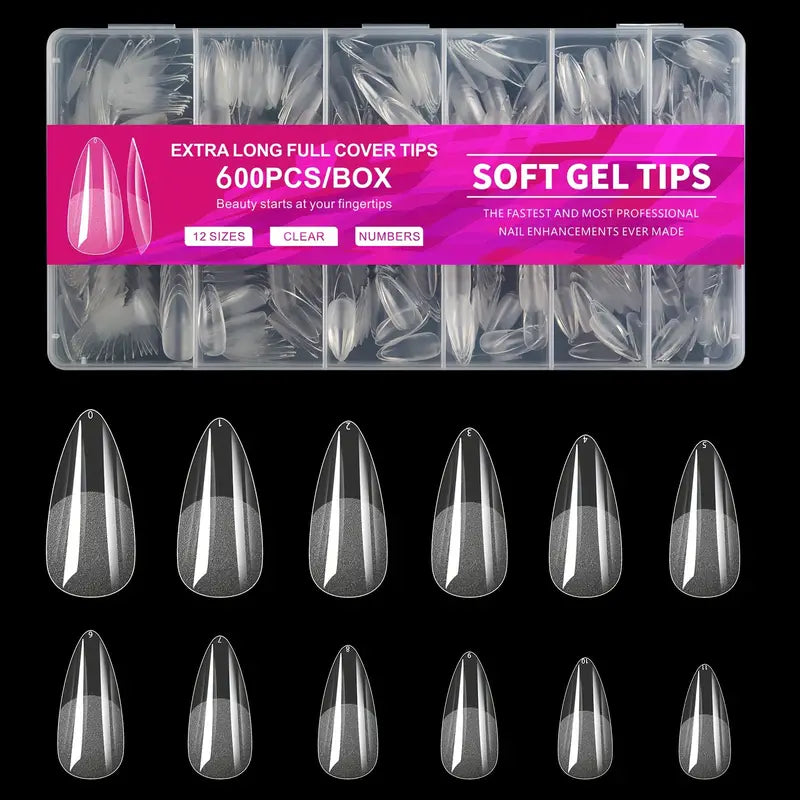Soft Gel Nail Tips Medium Almond – 600 Pcs | gel-x | Full Cover Clear Nail Extensions (12 Sizes)